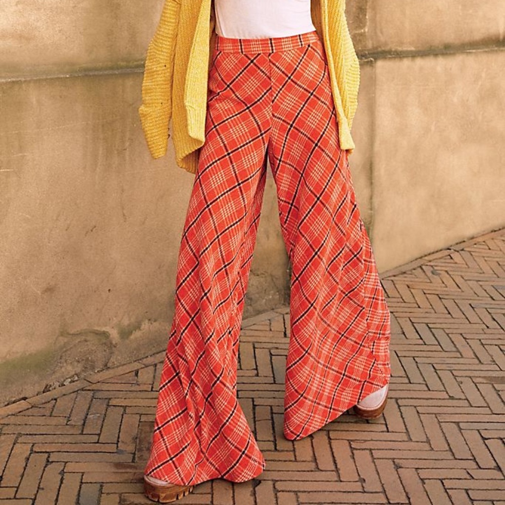 Free People Wonderland Velour Plaid Wide Leg Pants